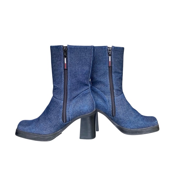 Vintage Tommy Hilfiger Blue Y2K Square Toe Platform Heeled Denim Boots - Picture 4 of 11